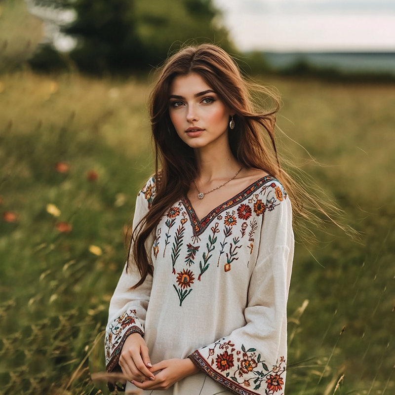 Retro Boho Floral Embroidery Art Linen Blend V-neck Blouse elevenforest