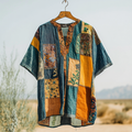 Men's  Contrast Colors Patchwork Pattern Art Linen Shirt elevenforest