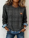 Women's Casual Round Neck Plaid Printed Panel Top 