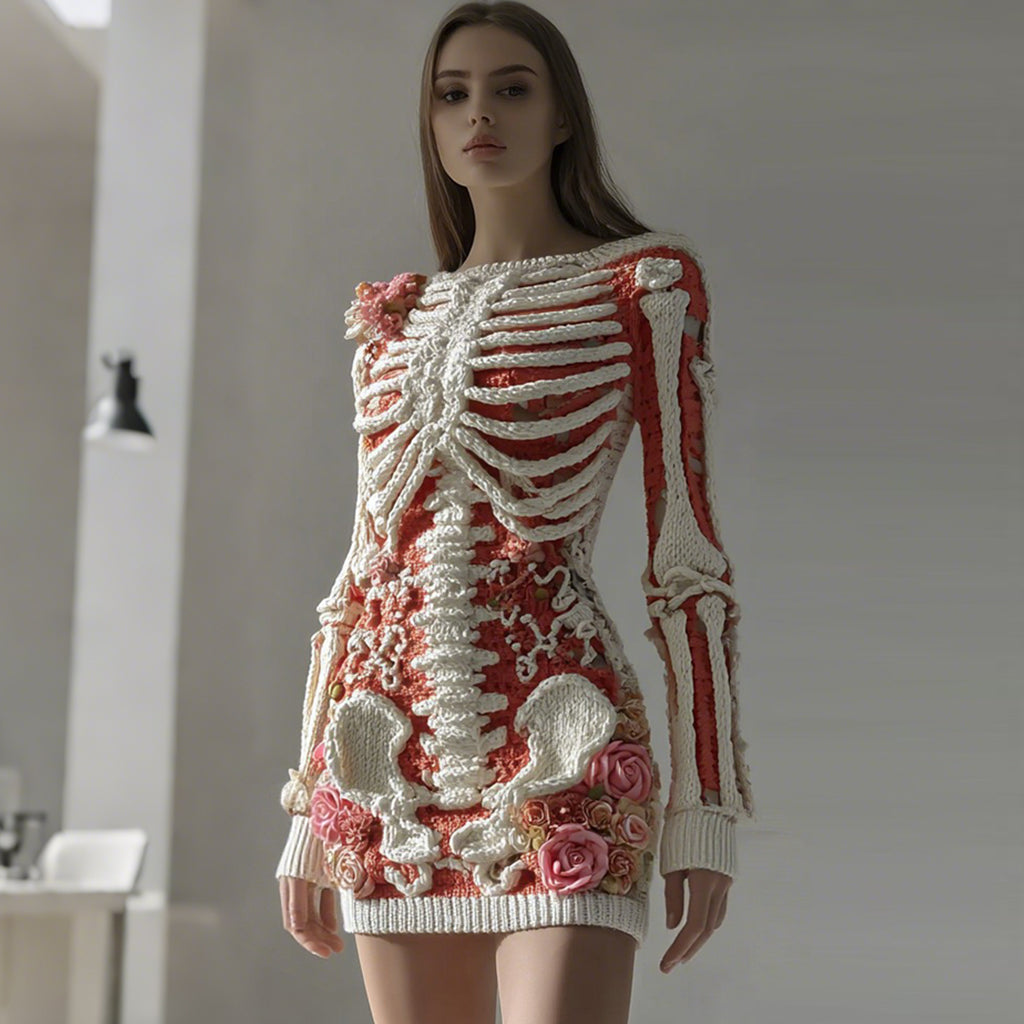 Women's Vintage Skull White Rose Crochet Cozy Knitted Sweater Dress elevenforest