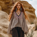 Ethnic Style Embroidered Linen V Neck Long Sleeve Shirt elevenforest
