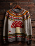 Comstylish Women's Retro Mushroom Print Crew Neck Sweater