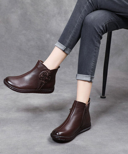 Brown Cowhide Leather Warm Fleece Boots Zippered Ankle Boots
