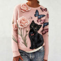 Women's Cat Flower And Butterfly Pattern Cozy Knit Sweater elevenforest