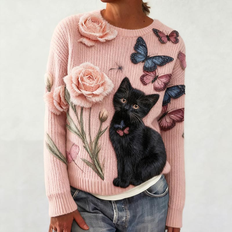 Women's Cat Flower And Butterfly Pattern Cozy Knit Sweater elevenforest