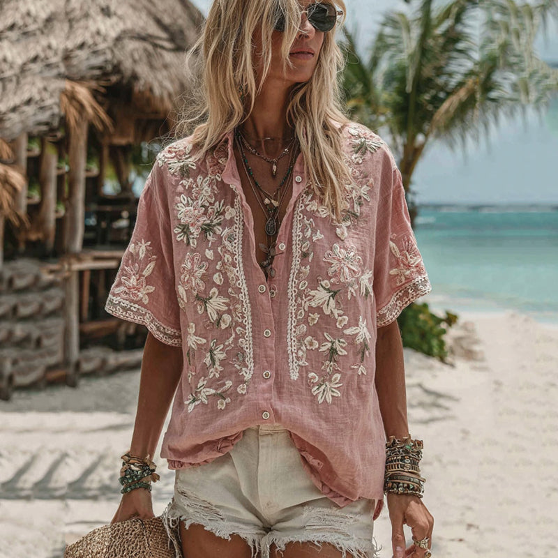 Women's Vintage Embroidery Floral Art Button Down Shirt elevenforest