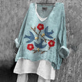 Comstylish Women's Flower & Bird Embroidery Art Linen V-neck Shirt