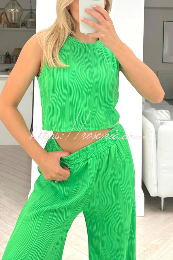 Color Water Wave Crew Neck Tank Top and Elastic Waist Straight Pants Set