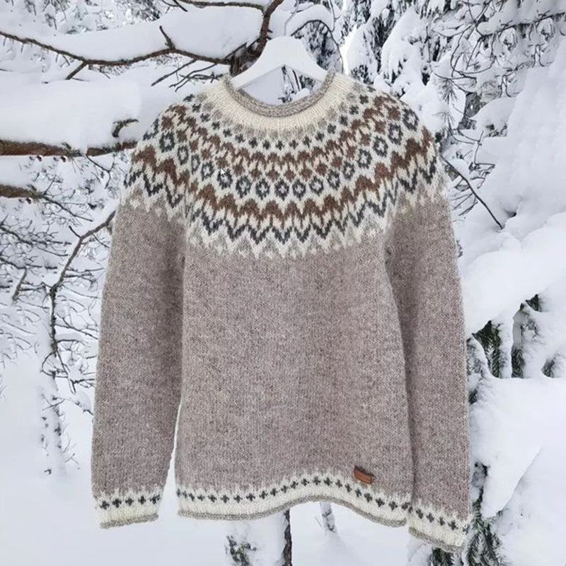 Vintage Icelandic Knit Jacquard Islender Crew Neck Sweater（Unisex） elevenforest