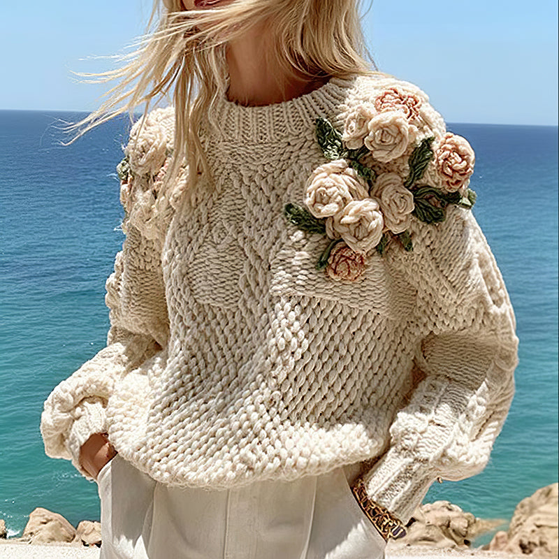 Women's Boho Rose Chunky Knit Crew Neck Aran Sweater artswardrobe