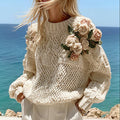 Women's Boho Rose Chunky Knit Crew Neck Aran Sweater elevenforest