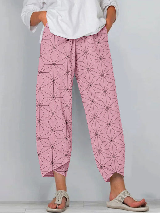 Japanese Sashiko Art Pattern Cropped Casual Pants elevenforest