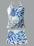 School of Fish V-Neck Vintage Flowers Print Suspender Skirt Tankini Pantskirt Set Swimsuit