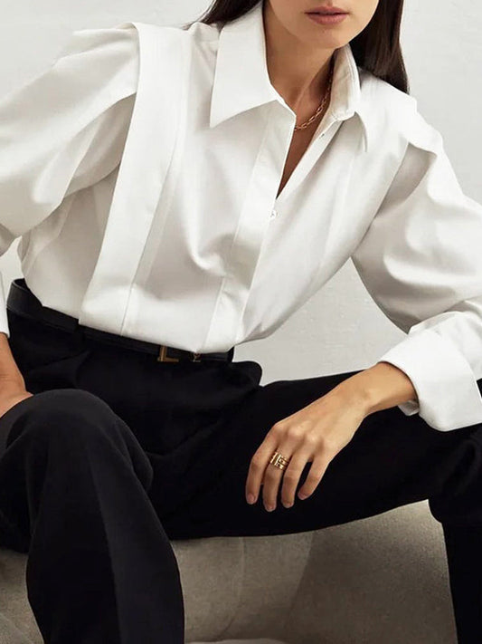 Long Sleeves Loose Buttoned Color Lapel Blouses&shirts Tops