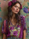 Mexican Sugar Skulls Ethnic Floral Embroidered Contrast Linen Tunic elevenforest