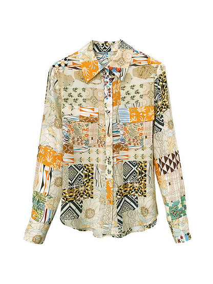 Long Sleeves Loose Buttoned Pockets Printed Lapel Blouses&shirts Tops