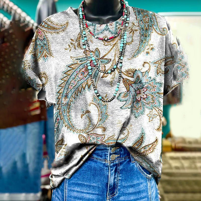 Retro Tribal Paisley Print Casual Crew Neck Tee elevenforest
