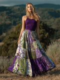Boho Purple Patchwork Floral Pattern Women's Linen Half-length Skirt elevenforest
