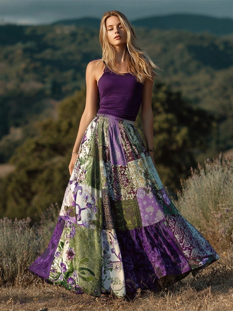Boho Purple Patchwork Floral Pattern Women's Linen Half-length Skirt elevenforest