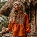 Women's Vintage Vacation Boho Tribal Ethnic Print Round-neck Linen Blend Tops elevenforest