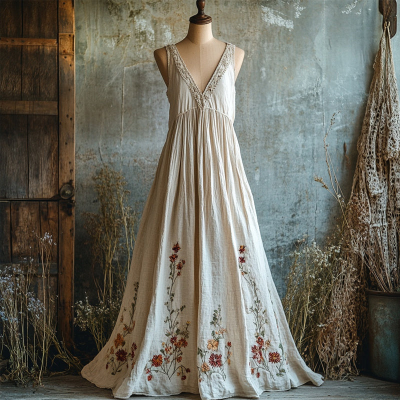 Boho Floral Embroidered Linen Flowy Maxi Dress elevenforest