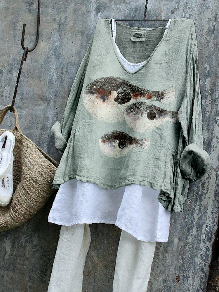 Fish Family Japanese Art Linen Blend Flowy Tunic elevenforest