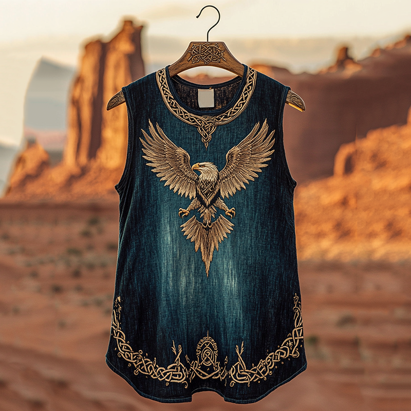 Women's Vintage Viking Eagle Celtic Gradient Art Linen Tank Top elevenforest