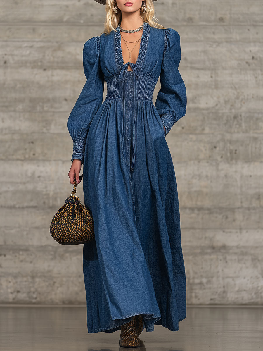 Vintage Dark Blue Denim Long-sleeved Tie-lapel Maxi Dress