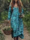 Vintage Turquoise Velvet Floral Flowy Maxi Dress elevenforest
