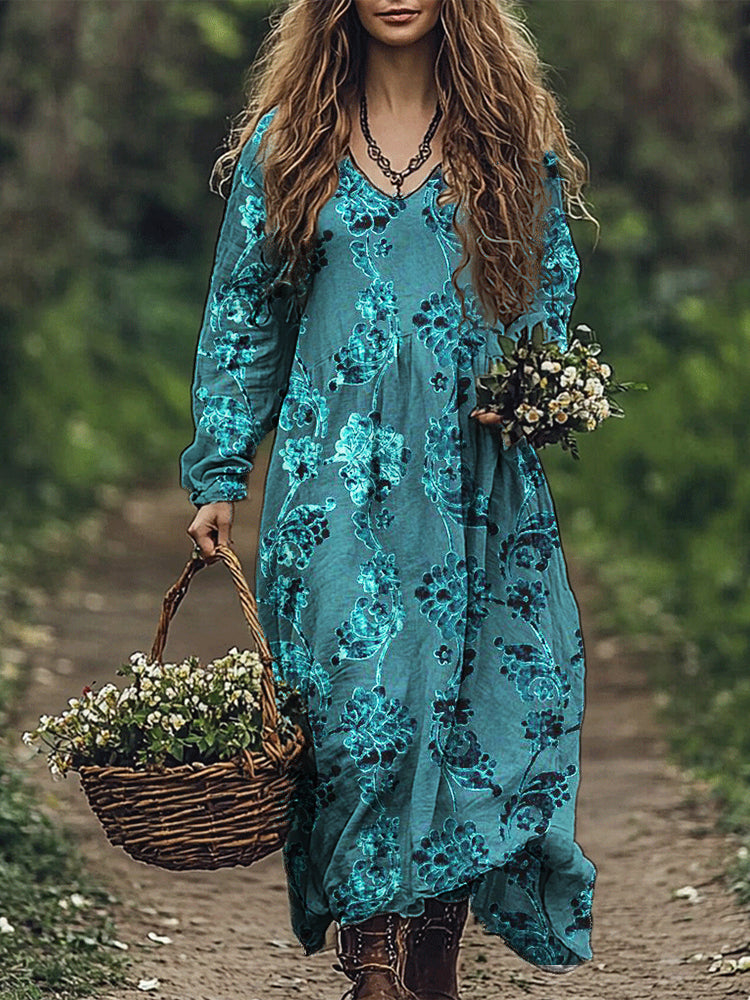 Vintage Turquoise Velvet Floral Flowy Maxi Dress elevenforest