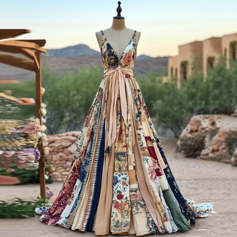 Women's Vintage Floral Art Comfy Linen Maxi Dress elevenforest