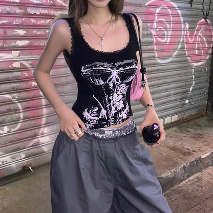 Gothic Print Tops Aesthetic Y2k Crop Top Lace Sleeveless Camisole Vest Harajuku Black Tank Top Clothes