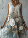 Women's 3d Flower Embroidery Thin Cotton And Linen Sleeveless Dress elevenforest