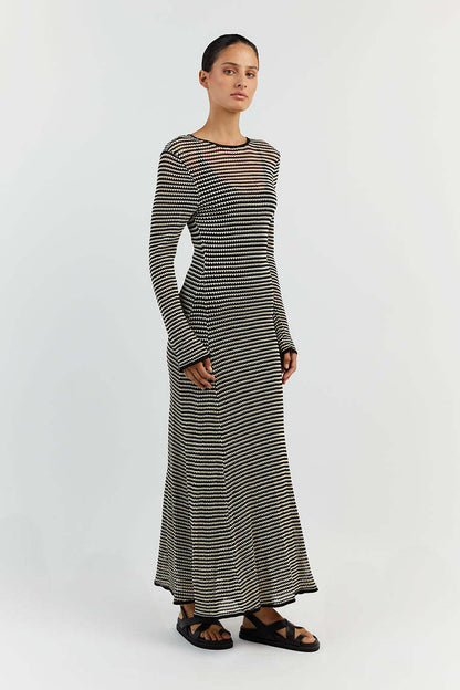 Mesh Striped Beach Vacation Maxi Dress Hollow Out Cutout Blouse Summer