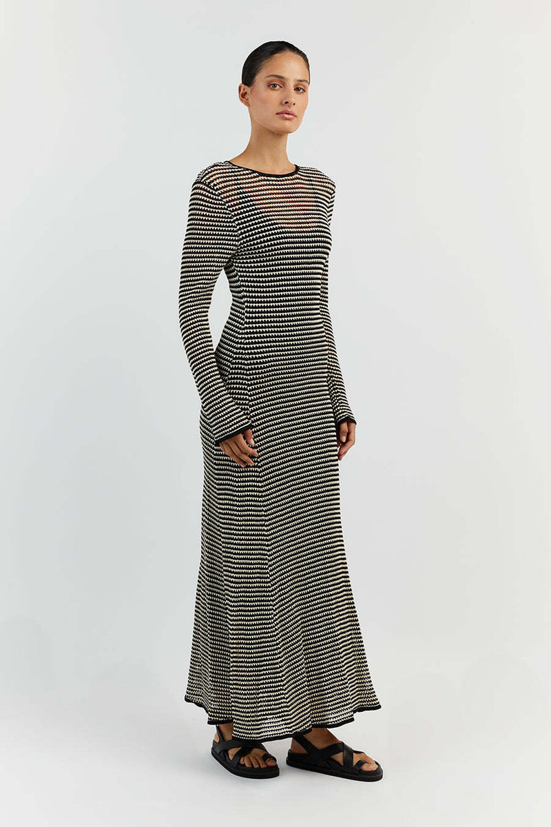 Mesh Striped Beach Vacation Maxi Dress Hollow Out Cutout Blouse Summer