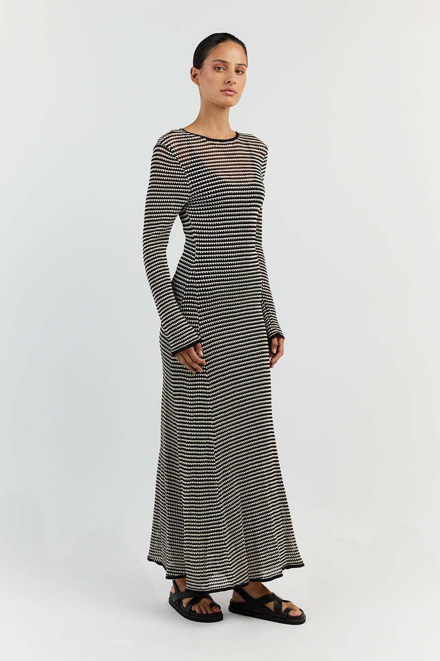 Mesh Striped Beach Vacation Maxi Dress Hollow Out Cutout Blouse Summer