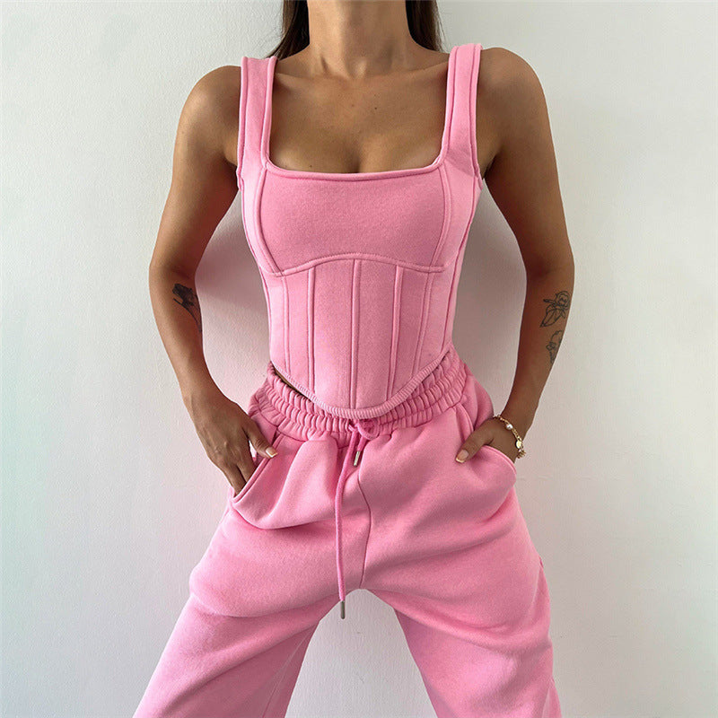 Autumn Winter Hooded Sweater Blouse Camisole Waist Pants Three Piece Set for
