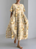 Comstylish Women's Floral Bunny Embroidered Linen Blend Dress