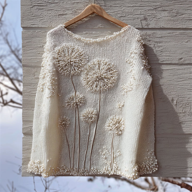 Vintage Dandelion Beaded Embroidered Cozy Knit Sweater elevenforest
