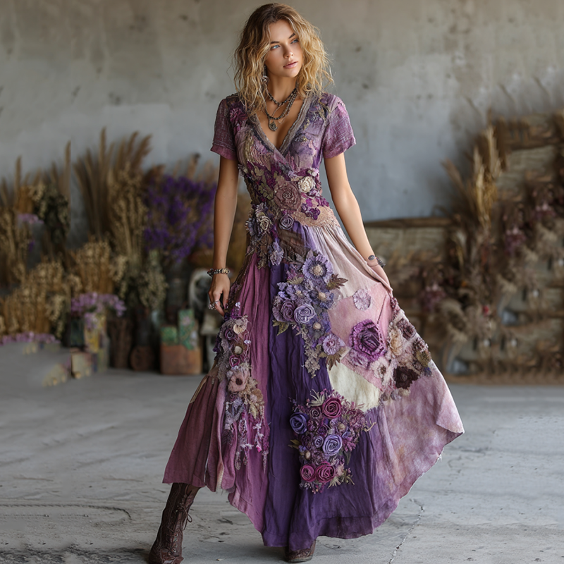 Vintage Purple Patchwork And Floral Embroidered Art Linen Maxi Dress elevenforest