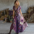 Vintage Purple Patchwork And Floral Embroidered Art Linen Maxi Dress elevenforest