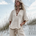 Women's V Neck Casual Linen Top elevenforest