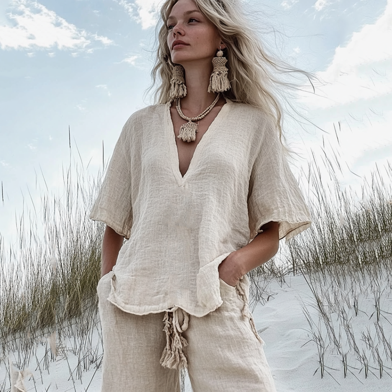 Women's V Neck Casual Linen Top elevenforest