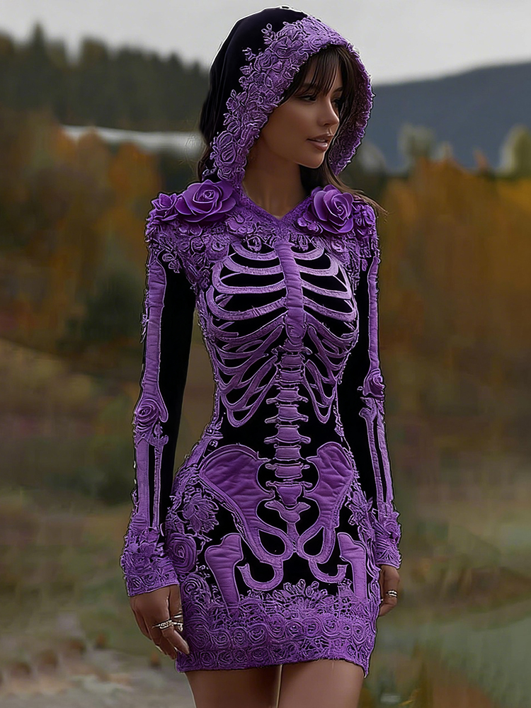 Women's Vintage Halloween Skeleton Bones With Rose Art Cozy Knit Hooded Sweater Dress artswardrobe