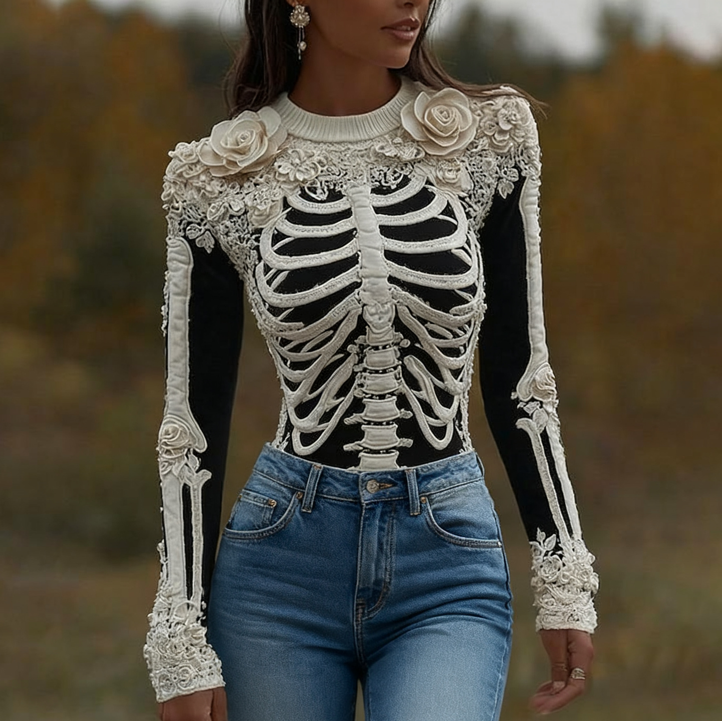 Women's Halloween Skeleton Bones With Roses Art Knitted Warm Sweater artswardrobe