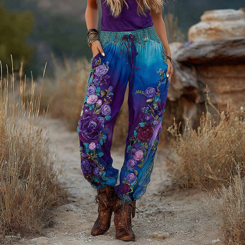 Classy Vintage Purple And Blue Lavender Patchwork And Floral Embroidered Art Gradient Linen Pants elevenforest