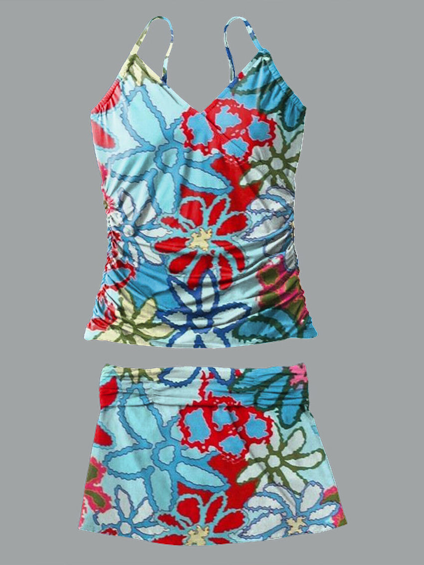 V-Neck Vintage Flowers Print Suspender Skirt Tankini Pantskirt Set Swimsuit