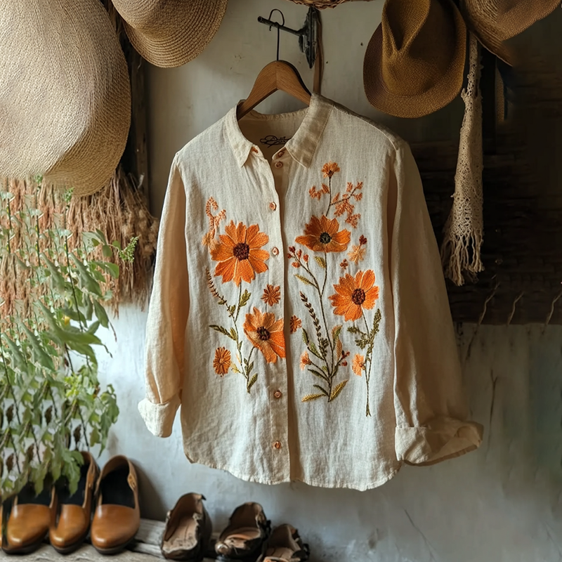 Vintage Floral Embroidery Art Button Down Casual Blouse elevenforest