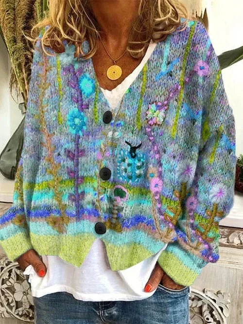 Wool Cardigan with Multi-Colored Floral Button Front