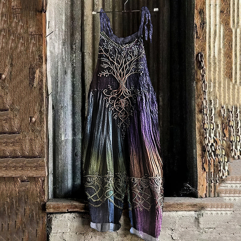 Vintage Viking Tree Of Life Gradient Art Linen Jumpsuit elevenforest